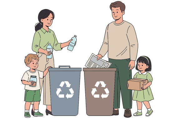 Family putting waste in bin