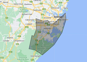Map showing service areas: Eastern Suburbs, Canterbury-Bankstown, St George and the Sutherland Shire